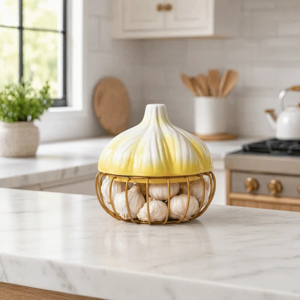 Practical Iron Garlic Shape Storage Basket Ceramic Space Saving Garlic Ginger Basket Egg Storage Vegetables Organizer Kitchen Vue