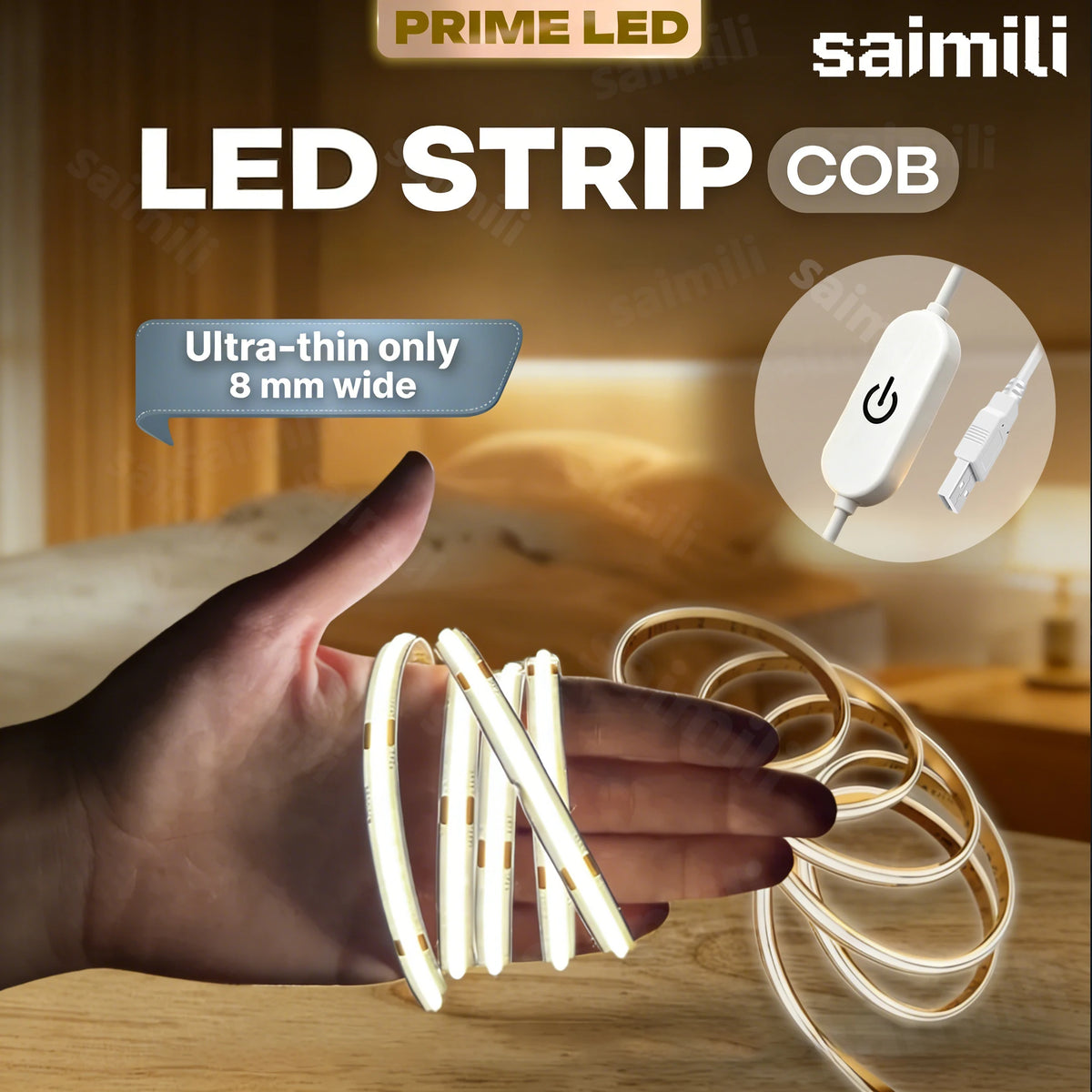 Touch Dimmable COB LED Strip 5V USB Flexible Lighting Tape Self Adhesive High Density Diode Lamp for Home DIY Ambient Decoration Vue