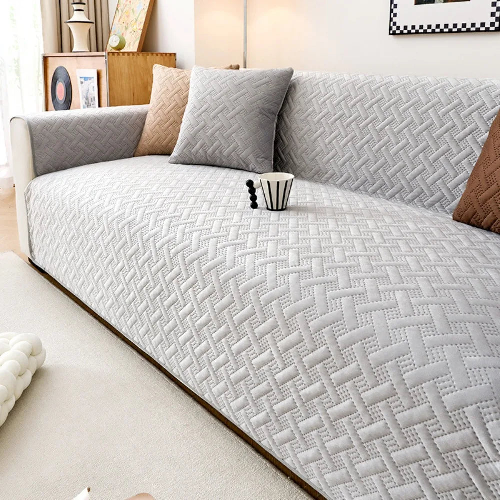 Non-slip Design Dutch Velvet Sofa Cover Striped Pattern Anti Slip Full Cover Sofa Cover Dirt Resistant Stretch Fabric Vue Light Grey 90-70cm