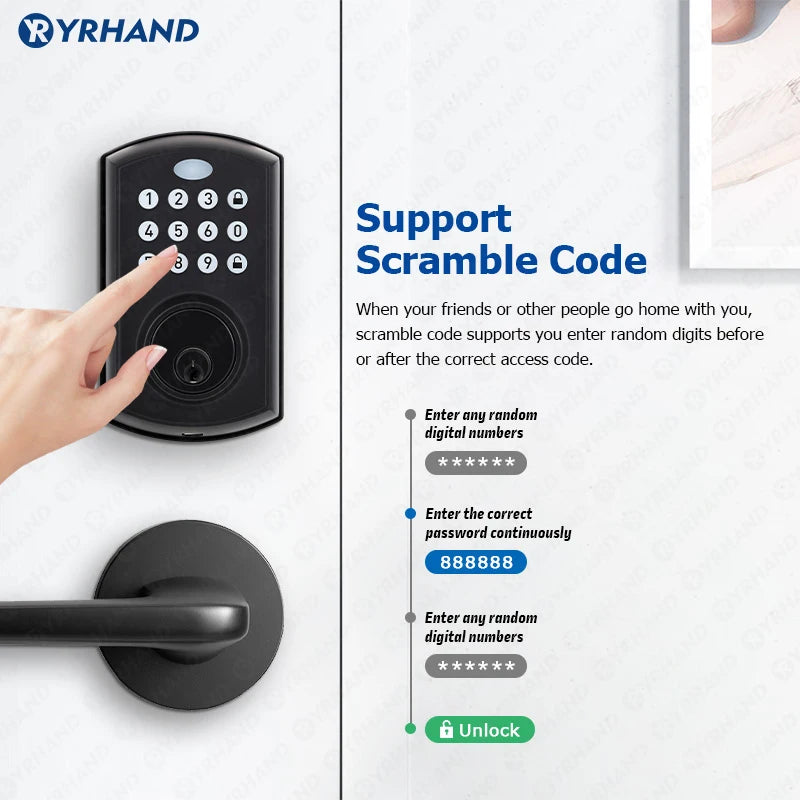 YRHAND Security Fechadura Eletronica Waterproof NFC card Biometric Deadbolt Keyless Auto Lock Without Handle Tuya Smart Lock Vue