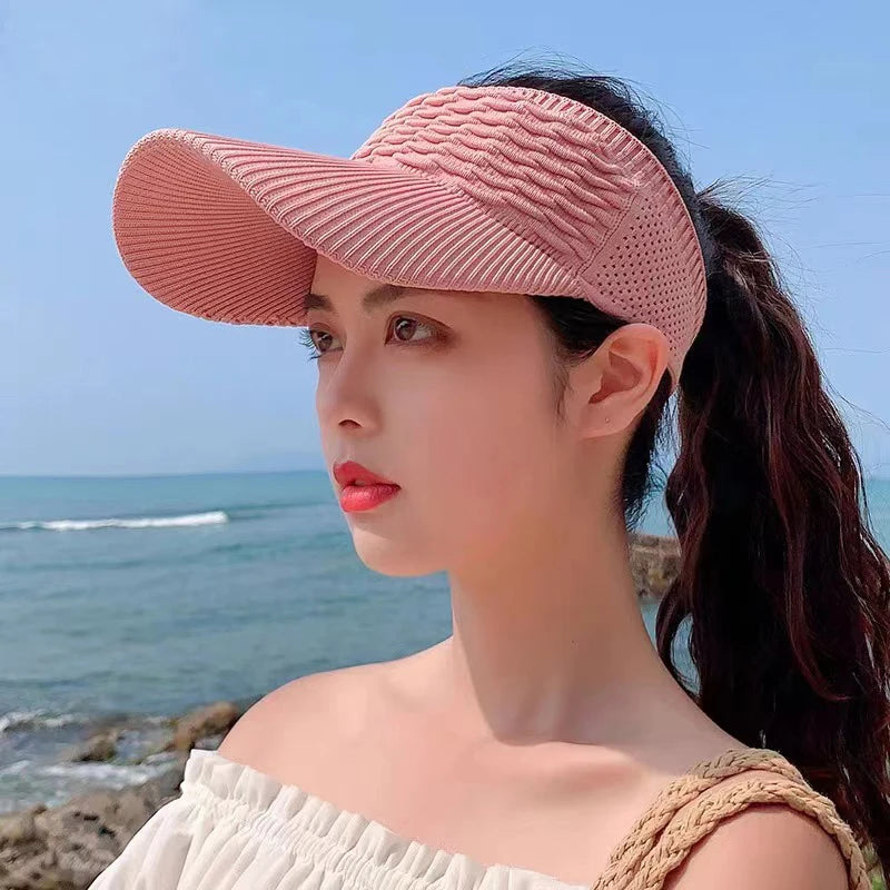 Summer Anti-UV Sun Hat Women Empty Top Hat Travel Beach Outdoor Sports Visor Cap Knitted Baseball Hat Vue Pink