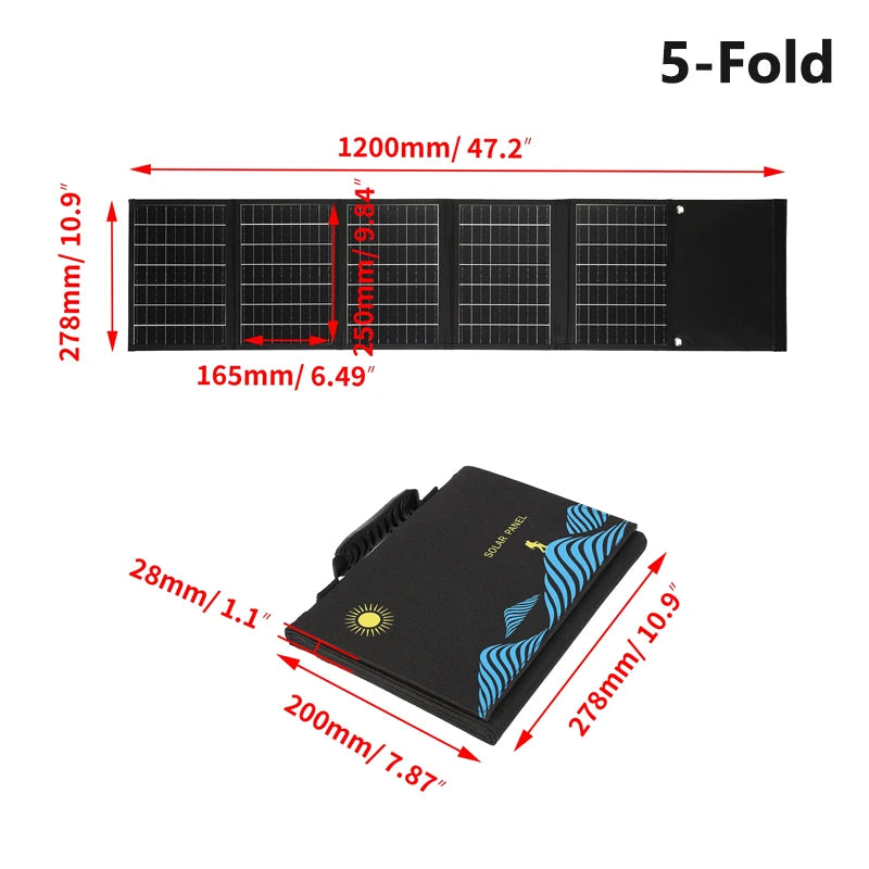 Folding Solar Panel Bag 60W 80W 100W Solar Power Bank with Fast Charge Via Dual USB+DC Output Waterproof for Outdoor Adventures Vue 5-Fold