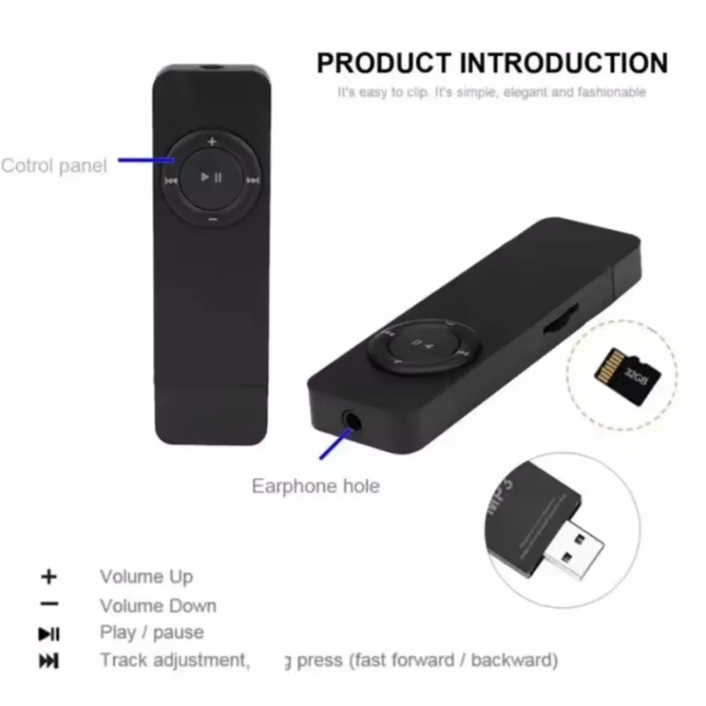 Mini MP3 Player USB in-line Card U Disk MP3 Player USB 2.0 Lossless Sound Music Media Player Support Micro TF Card(No Card) Vue