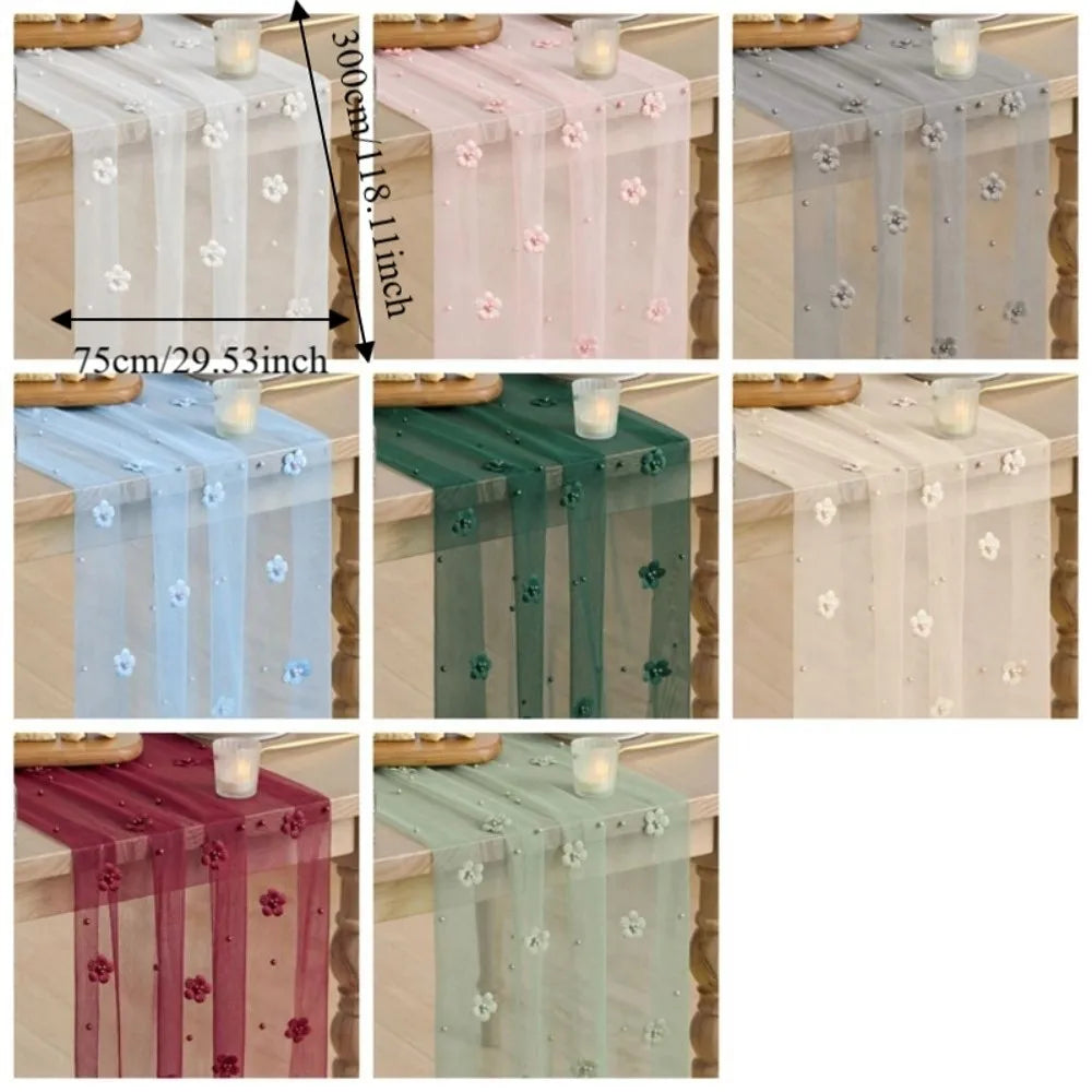 3D Flower Pearl Table Runner Semi-Transparent Multi-color Wedding Table Runner Vintage Romantic Tulle Table Runner Dining Table Vue