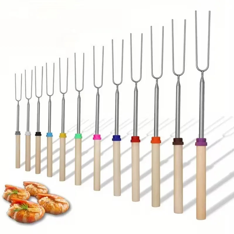 Outdoor Telescoping BBQ Fork Stainless Steel with Wooden Handle U-Shaped Hot Dog Skewer for Grilling Bonfire BBQ Use Vue