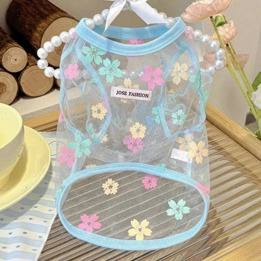Thin Breathable Cooling Dog Vest Flying Sleeves Sunproof Cat Mesh T Shirt Lightweight Floral Print Dog Sunscreen Clothing Summer Vue Blue-XS