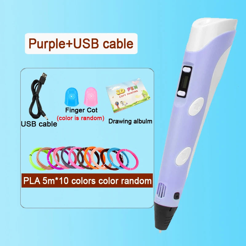3D Pen Drawing Printing Pen With LCD Screen Compatible PLA Filament Toys Safe Paiting for Children DIY Christmas Birthday Gift Vue Purple-50M PLA