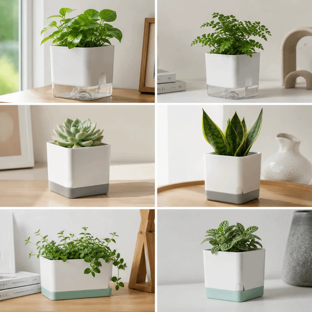 Square Shape Self Watering Plant Pots Drainage Hole Patchwork Plant Pots Plastic 2-Layer Design Lazy Flowerpot Office Vue