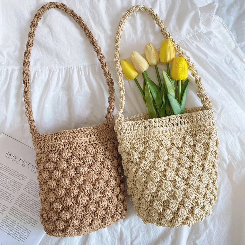 Summer Handmade Crossbody Bag Women Beach Weaving Drawstring Straw