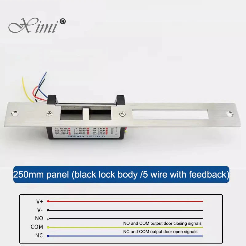ANSI Original DC12V Stainless Steel Sturdiness Narrow Frame Fail Secure Standard Electric Strike Lock Electronic Door Lock Vue 250A-black-5 wires