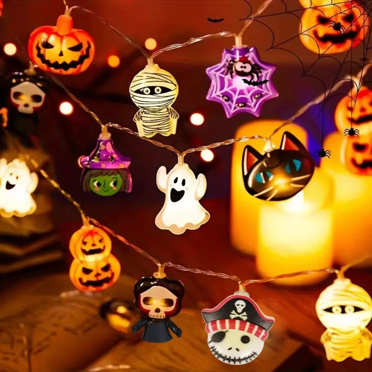 Halloween 1.5m/3m LED Battery Powered String Lights With Ghost Witch Cat Pumpkin Spider Web Skeleton Mummy Pirate Shape Indoor Vue