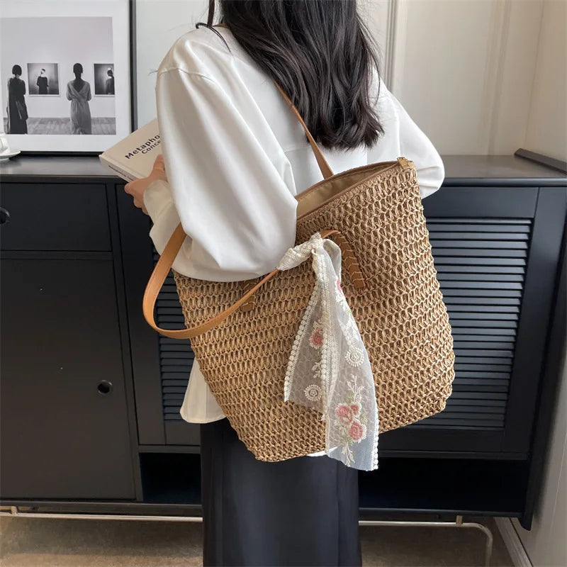 Square Bucket Straw Beach Bag Handmade Woven Shoulder Raffia Rattan