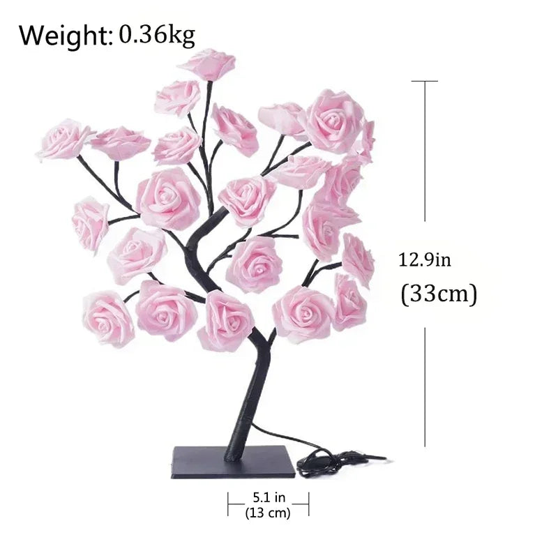 24 LED Red Rose Tree Lights Table Lamp Fairy Flower Night Light for Home Party Christmas Wedding Bedroom Decoration Gift Vue