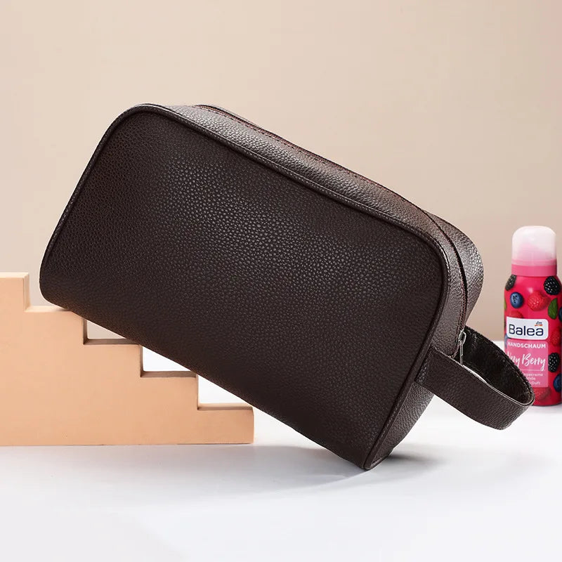 New Men Travel Cosmetic Bag Large Capacity Zipper Makeup Bags PU Leather Travel Toiletry Bag Cosmetics Organizer Storage Pouch Vue Brown