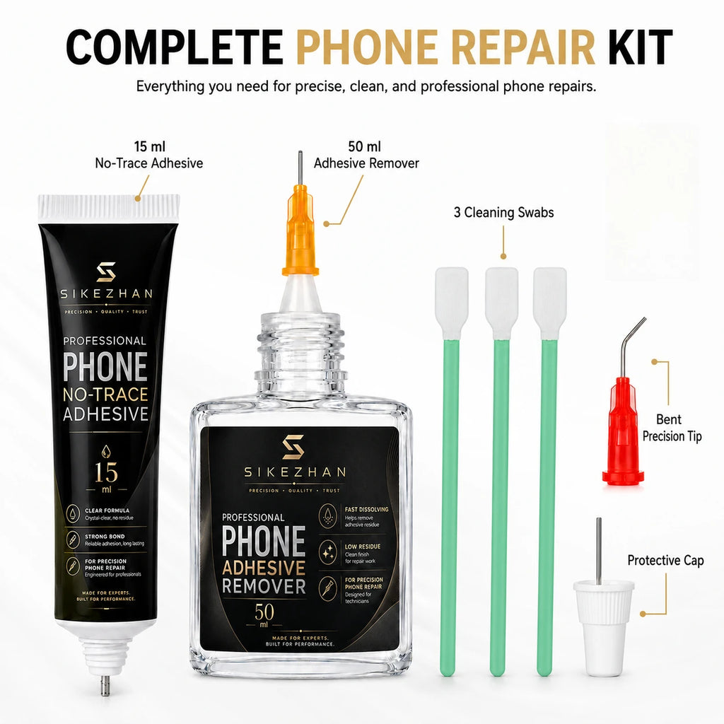 Phone Repair Bonding and Removal Kit 15ml Adhesive 50ml Remover Fine Needle Tips Cleaning Swabs for Screen Frame DIY Maintenance Vue