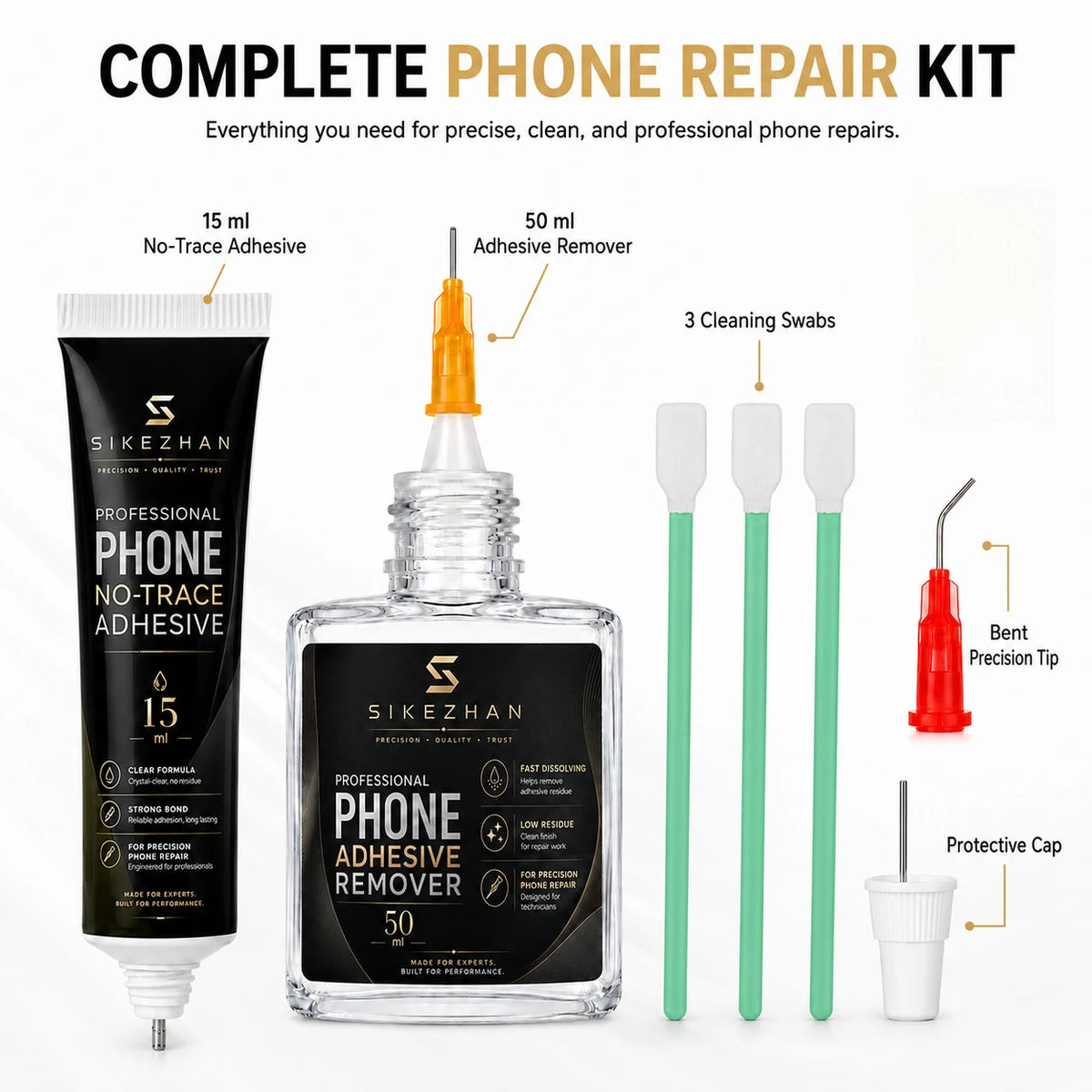 Phone Repair Bonding and Removal Kit 15ml Adhesive 50ml Remover Fine Needle Tips Cleaning Swabs for Screen Frame DIY Maintenance Vue