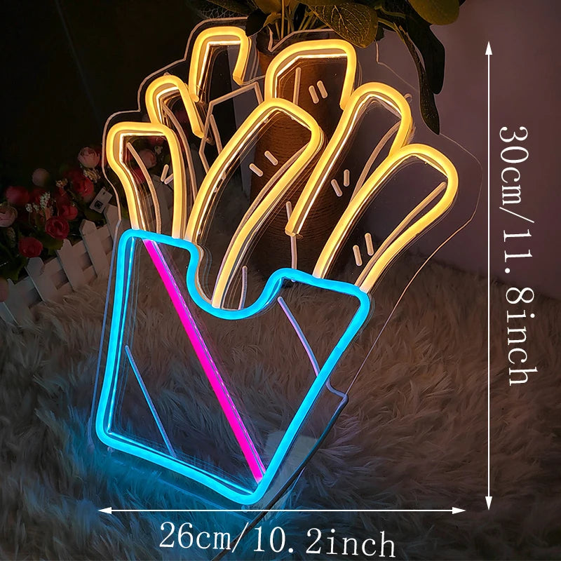 Business Neon Light Led Lights French Fries Popcorn Sign For Restaurant Eating House Decor Wall Neon Sign Fast Food Shop Cinema Vue French fries