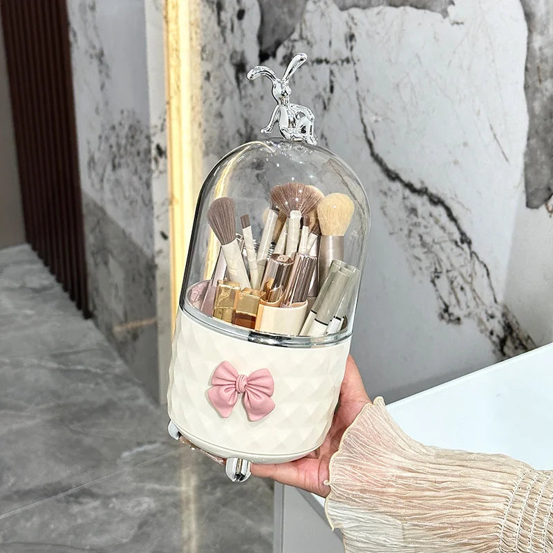360° Rotating Makeup Brushes Organizer Clear Plastic Dustproof Cosmetic Tools Storage Box for Organizer Lipstick Makeup Brushes Vue Beige with Lid