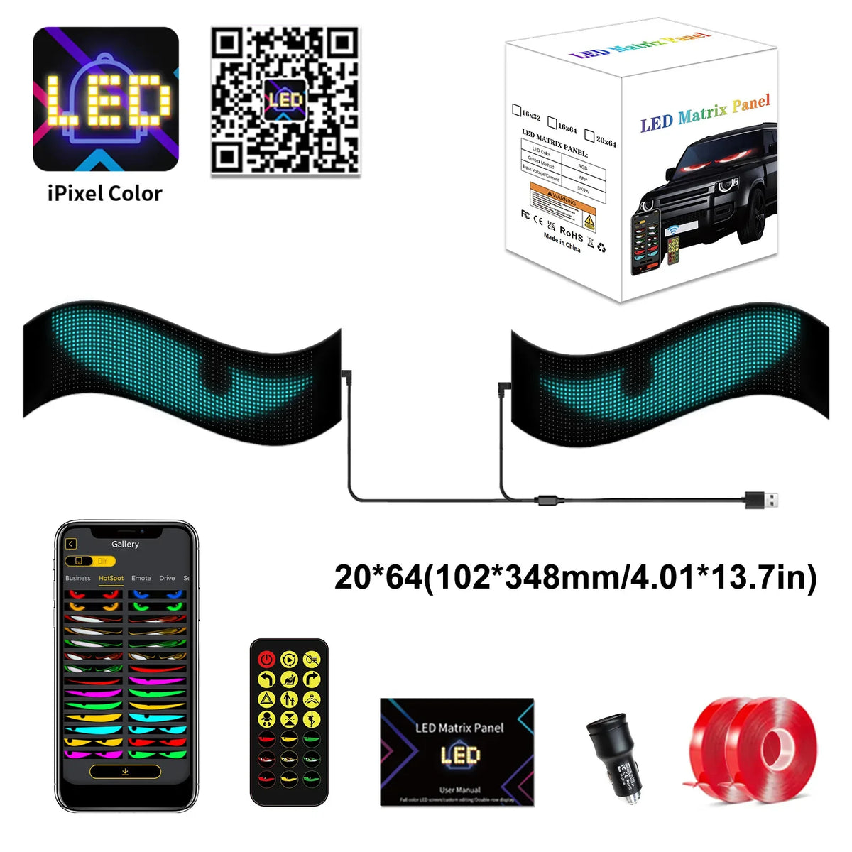 Dynamic Devil Eyes Light for Cars Truck Windshield Programmable LED Display Flexible Soft Screen Bluetooth APP Remote Control Vue 2 in 1 20x64 Pixels