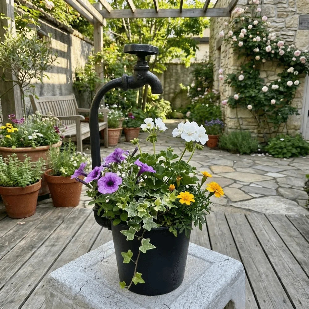 Rustic Metal Faucet Flowerpot Artistic Crack Resistant Retro Vintage Flowerpot Corrosion-Resistant Garden Flower Pot Office Vue