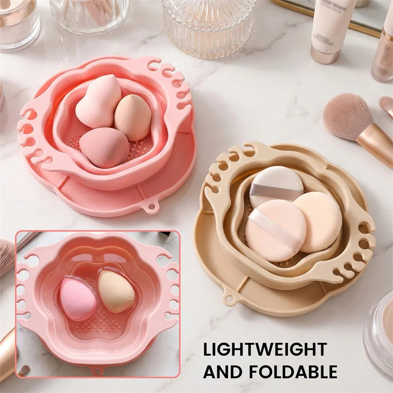 Foldable Cat Paw Silicone Makeup Brush Cleaning Bowl Portable Collapsible Makeup Sponge Washing Scrub Mat with Brush Holder Slot Vue