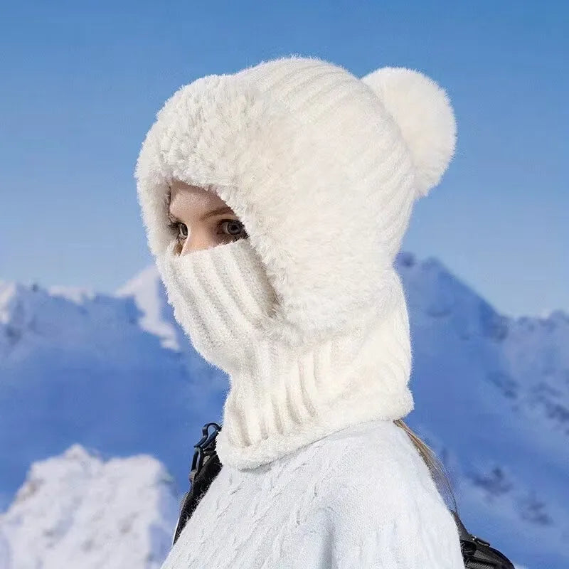 Autumn and Winter Women Fleece Lined Knitted Hat Scarf Mask One Piece Full Face Protection Windproof Thick Warm Hood Vue