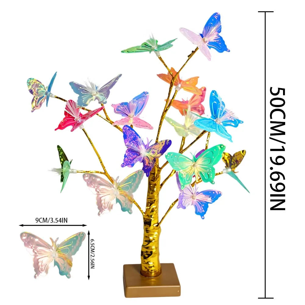 Golden Birch Tree LED Table Lamp with Fiber Optic Butterfly, Battery Powered Desktop Light for Bedroom Table Home Decor Vue