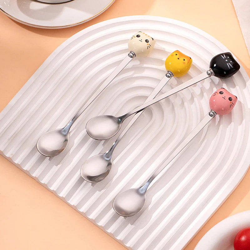Coffee And Dessert Spoons Flatware Kitchen Tools Ice Cream Cartoon Stirring Spoon Stainless Steel Long Cat Handle Ceramic Spoon Vue