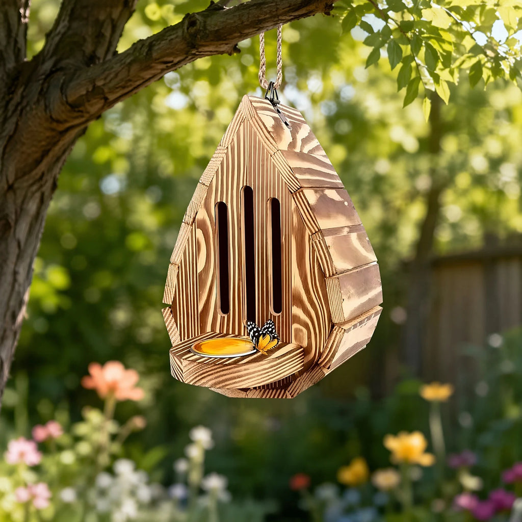 Wooden Teardrop Butterfly House with Feeder & Back Door Butterfly House Vue
