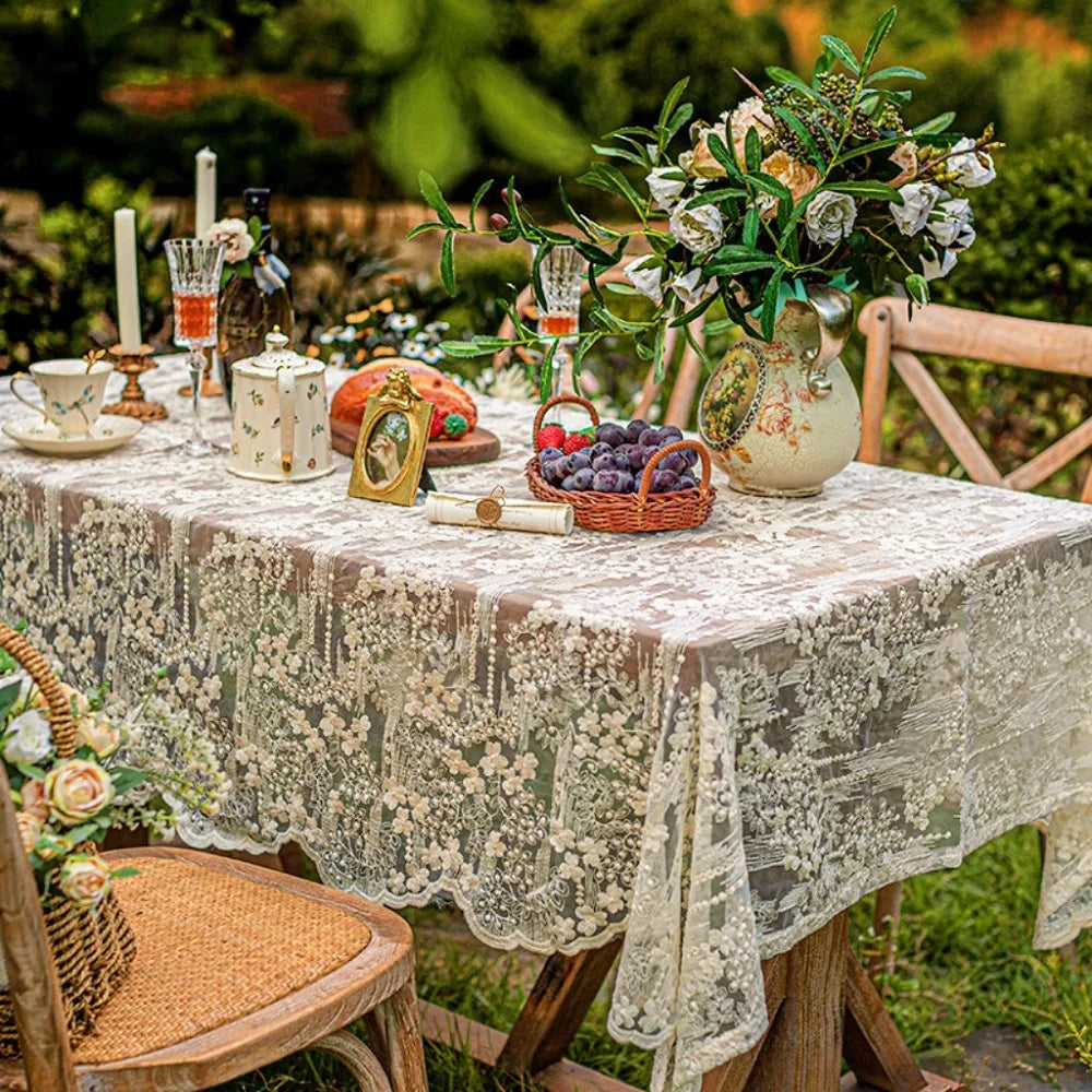 Home Decoration Embroidered French Lace Tablecloth Vintage White Table Linen Organza Table Runner Wedding Vue Style A 53.15x35.43in