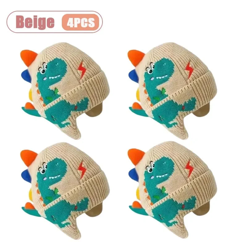 1-4PCS Cute Dinosaur Pattern Earflap Beanie for Boys Girls Knitted Fleece Lined Warm Winter Hat with Pom Pom for Snow Skiing Vue Beige-4PCS