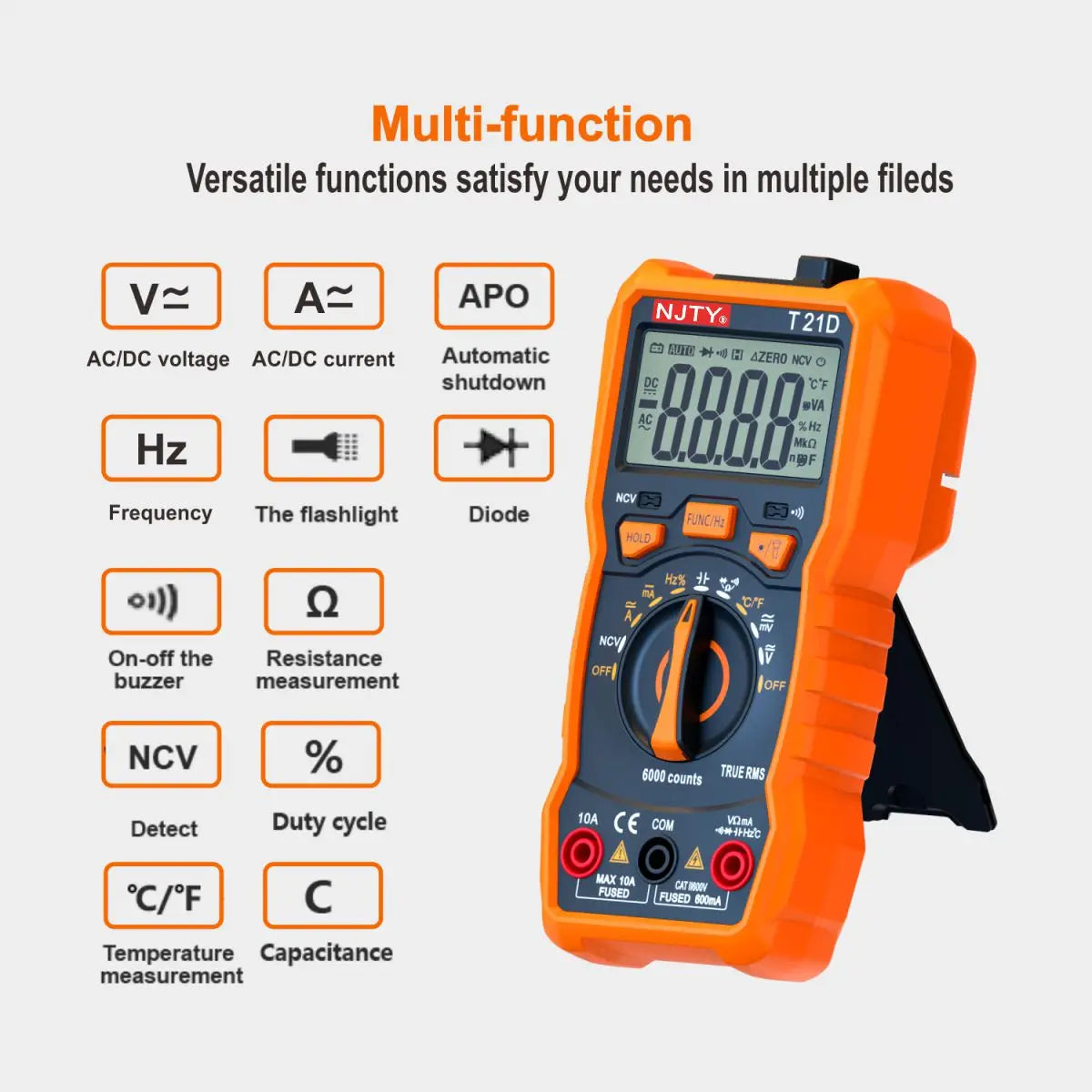NJTY T21D Digital Multimeter 6000 Counts Voltmeter AUTO Current Resistance Temperature Diode Multi Tester with Backlight Screen Vue