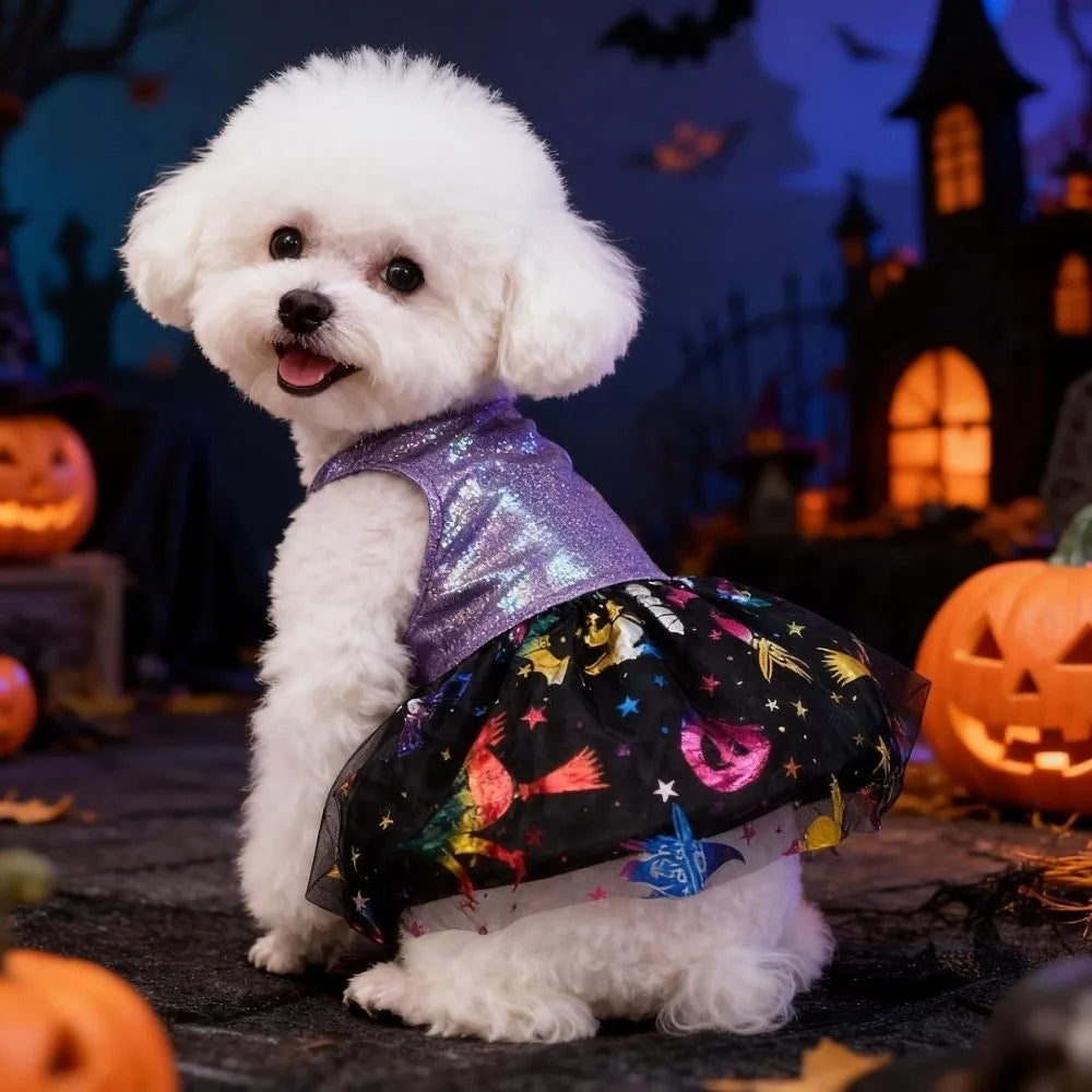 Breathable Halloween Pet Laser Dress Spider Web Pattern Soft Dog Shiny Dress Comfortable Halloween Dog Clothes Halloween Party Vue Purple-XL