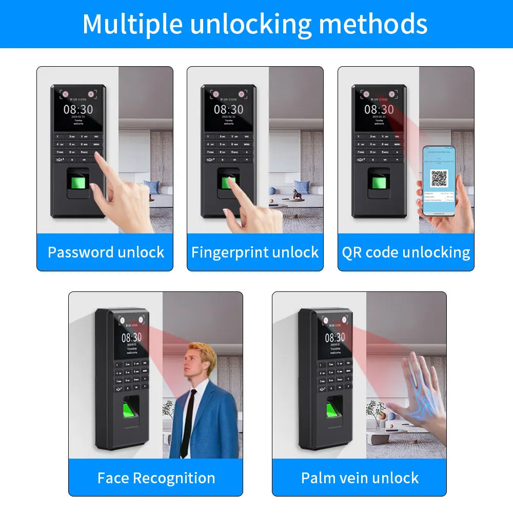 M21 M22 face recognition attendance machine password fingerprint palm vein unlocking application management doorbell Vue