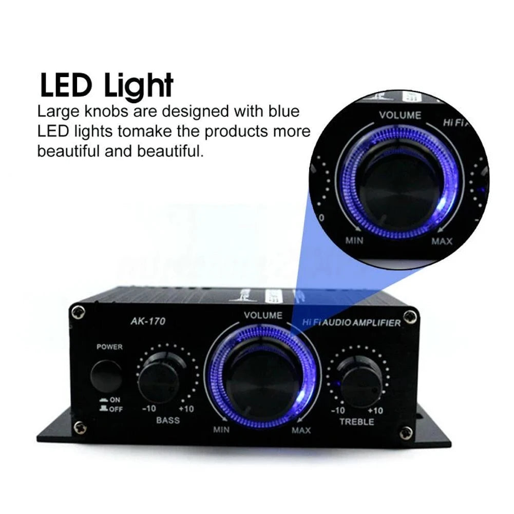 Aluminum Body Ak170 HiFi Stereo Power Amplifier 20W+20W Remote-Controlled Mini Amp Blue LED for Home/Car Audio Vue