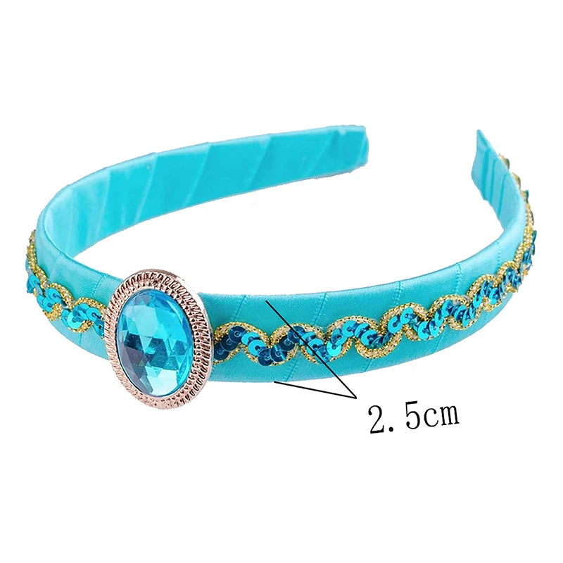 1PCS Girls Jasmine Blue Headbands Large Crystal Children Headwear Arabian Princess Hair Bands For Cosplay Party Hair Accessories Vue A4