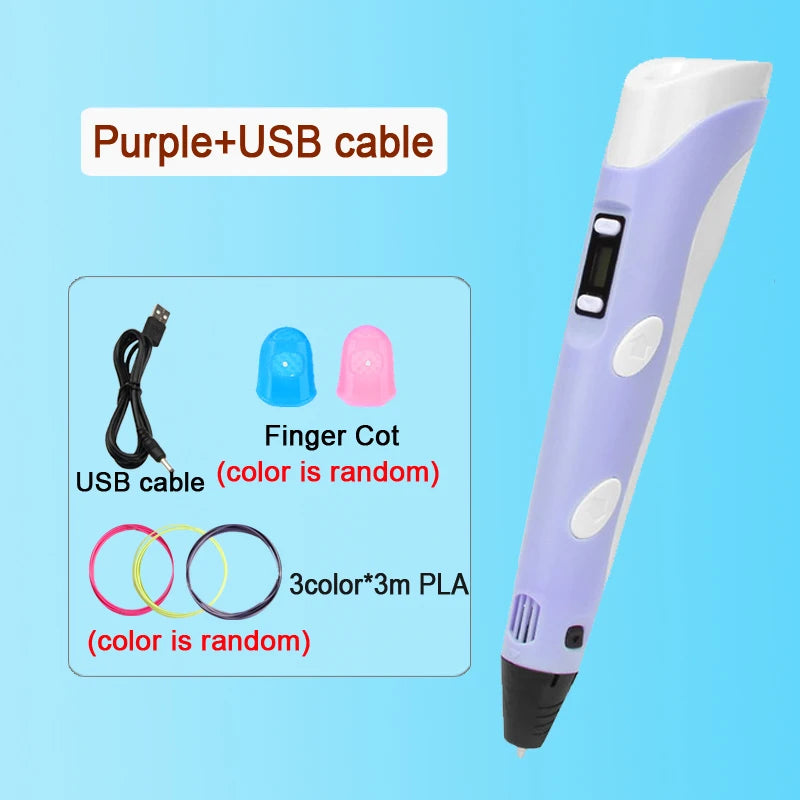 3D Printing Pen With LCD Screen Compatible PLA Filament Drawing Pen Safe Paiting for Children DIY Boys Girls Birthday Gifts Vue Purple-9M PLA