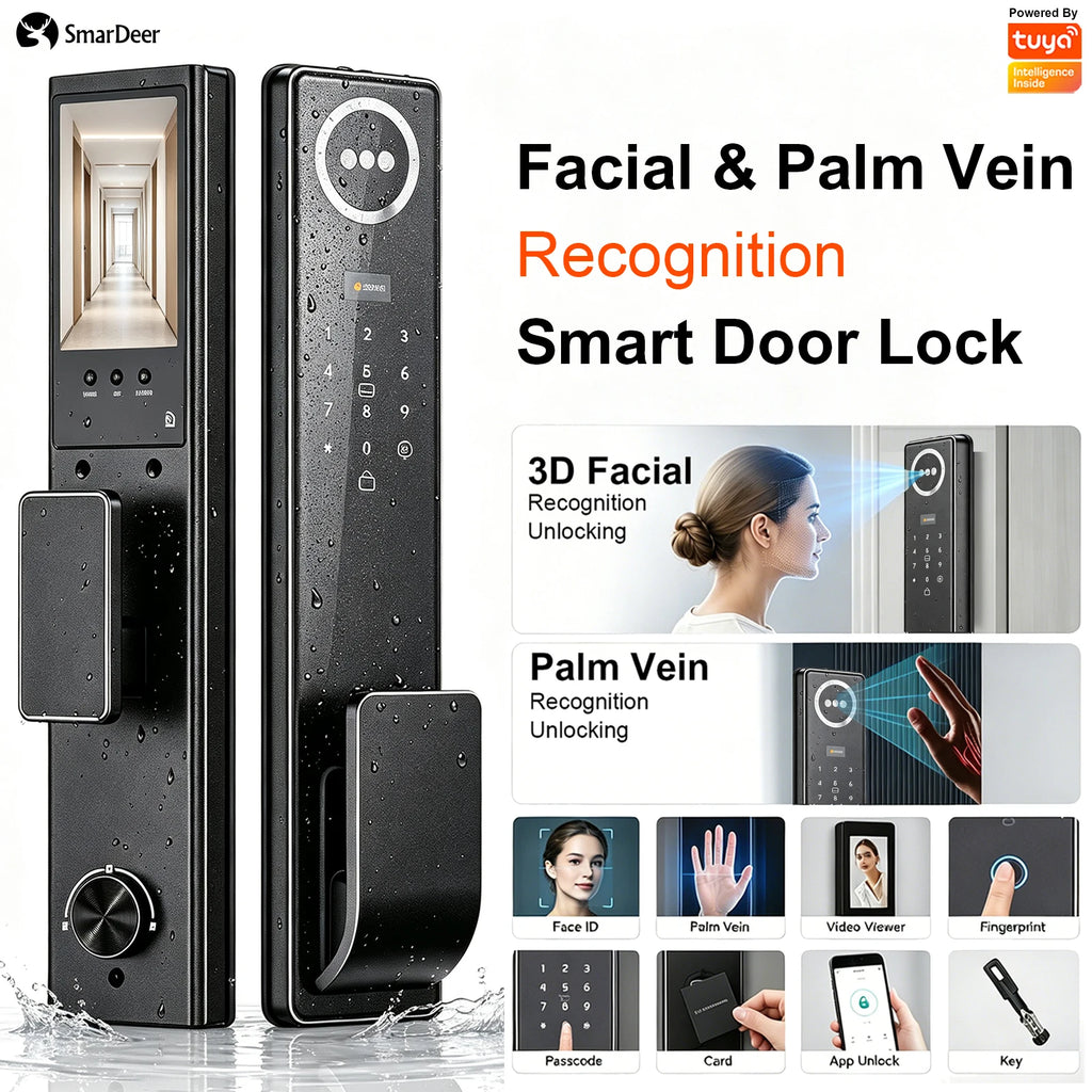 3D Face & Palm Vein Smart Door Lock IP65 Waterproof Tuya Video Call Biometric Fingerprint Electronic Lock for Home Front Door Vue
