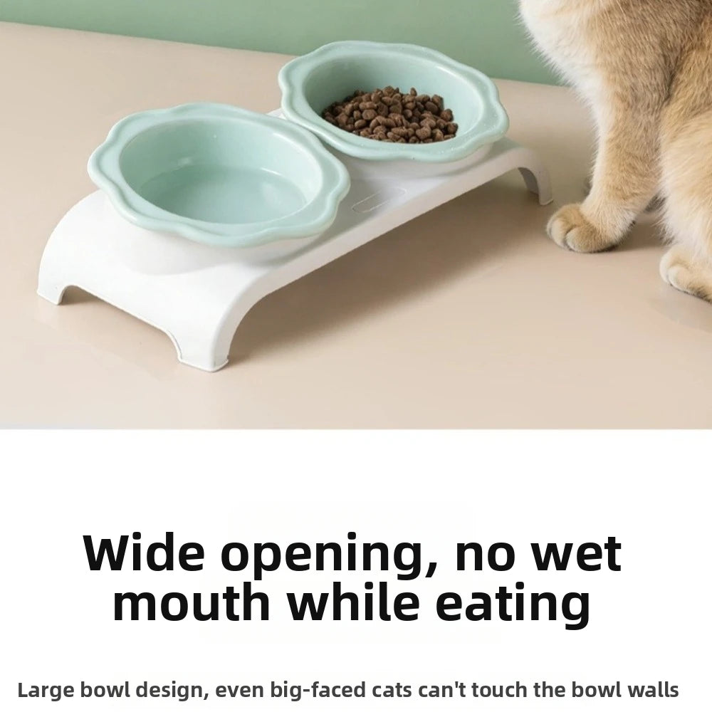 Non-Slip Ceramic Cat Double Bowls Flower Shaped Detachable Pet Food Feeder Protect Cervical Spine Anti-Flip Vue