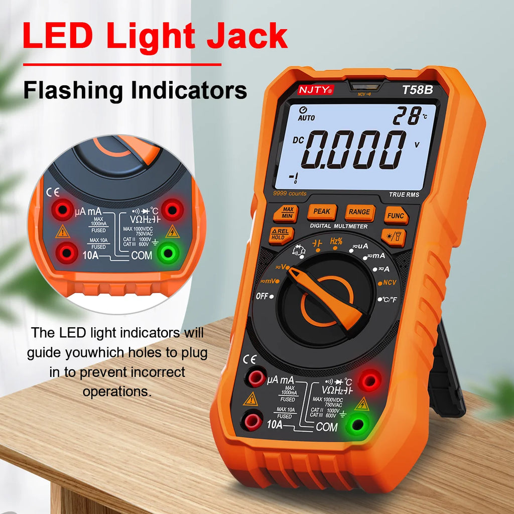 NJTY T58B 1000V Digital Multimeter Stand Type Smart Backlit Screen and LED Light JACK Indicator 9999 Counts Dual Data Displayed Vue