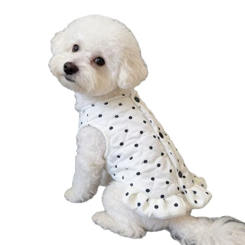 Small Dog Polka Dot Fleece Dress Cute Ruffle Warm Puppy Outfit For Bichon Teddy Pomeranian Cozy Autumn Winter Halloween Photo Vue