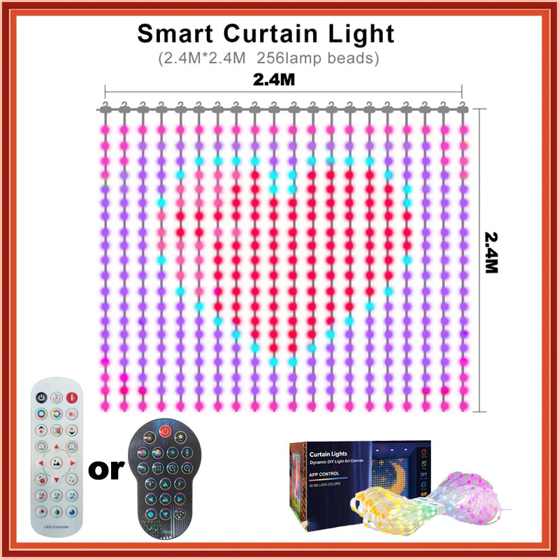 Smart Curtain Lights LED String Lights APP Remote Control Music Sync Dynamic DIY Color for Christmas Bedroom Window Party Decor Vue 2.4M-7.9ft-256LEDS USB No plug