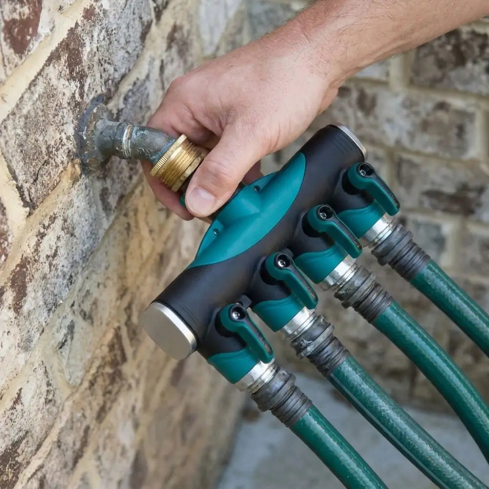 3/4 Inch 4 Way Hose Connector Splitter Adjustable Zinc Alloy Water Tap Hose Splitter Distributor Individual Flow Control Vue