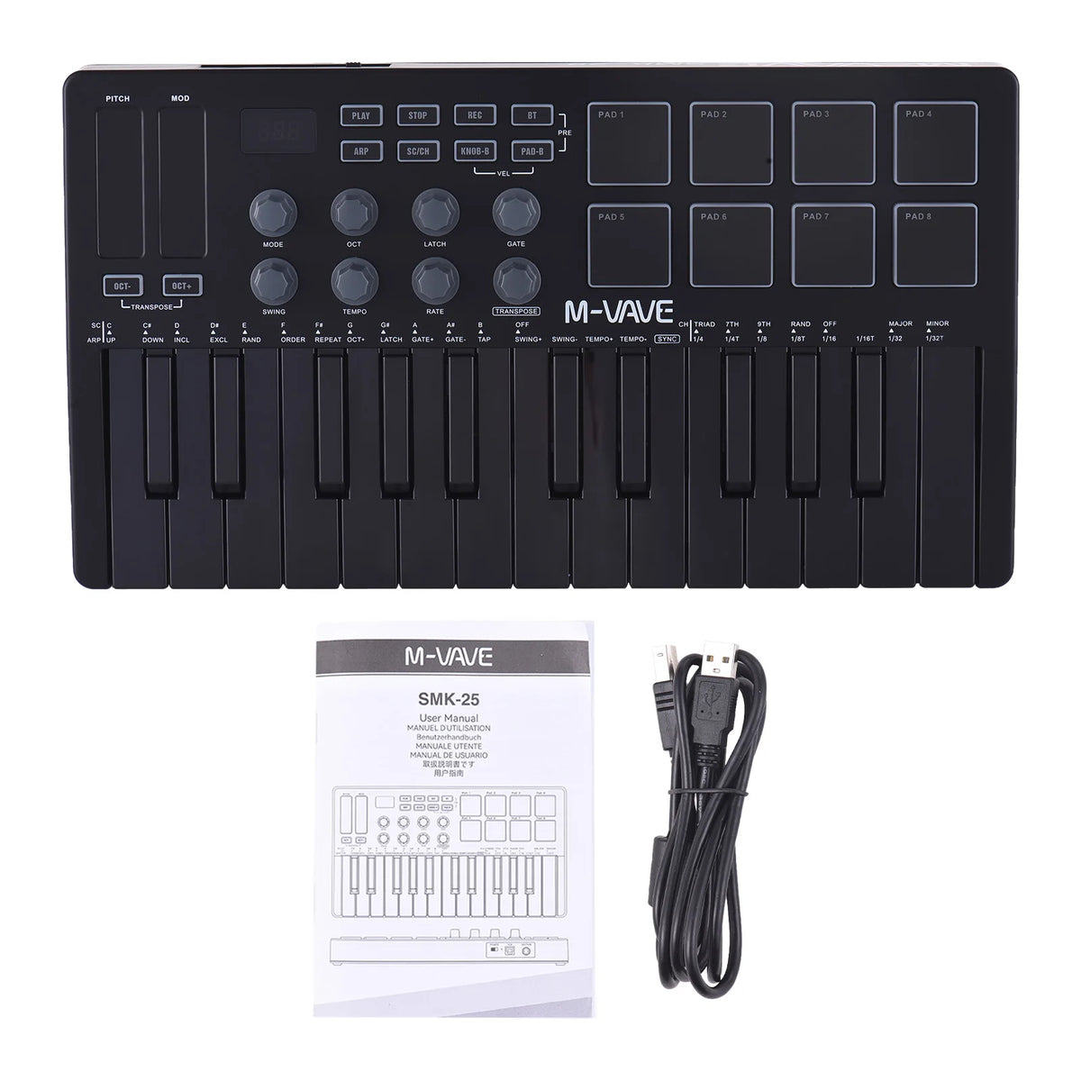 MIDI Keyboard Controller Beat Maker Machine Rechargeable 25 Keys MIDI Keyboard Portable Arranging Strike Pad RGB Backlight MIDI Vue black
