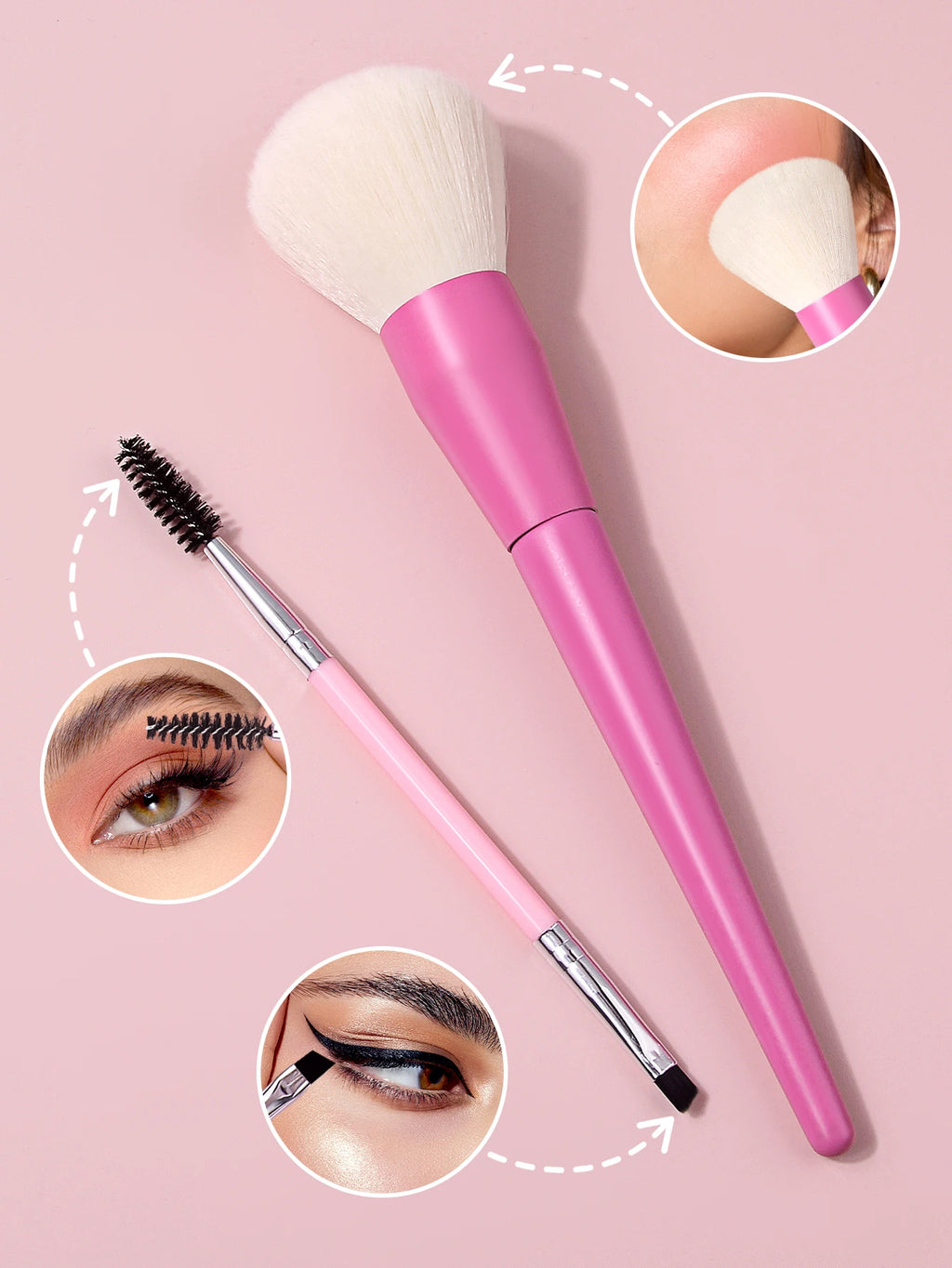 2Pcs Pink Makeup Brush Kit, Loose Powder Blush Brush & Double Ended Eyebrow Brush, Soft Cosmetic Brushes for Face & Eye Makeup Vue