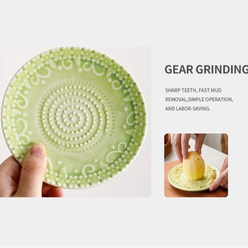 2-in-1 Round Ceramic Ginger Grater Handcrafted Non-Slip Vegetable Grinding Tool Glazed Fruit Puree Grinder Kitchen Use Vue