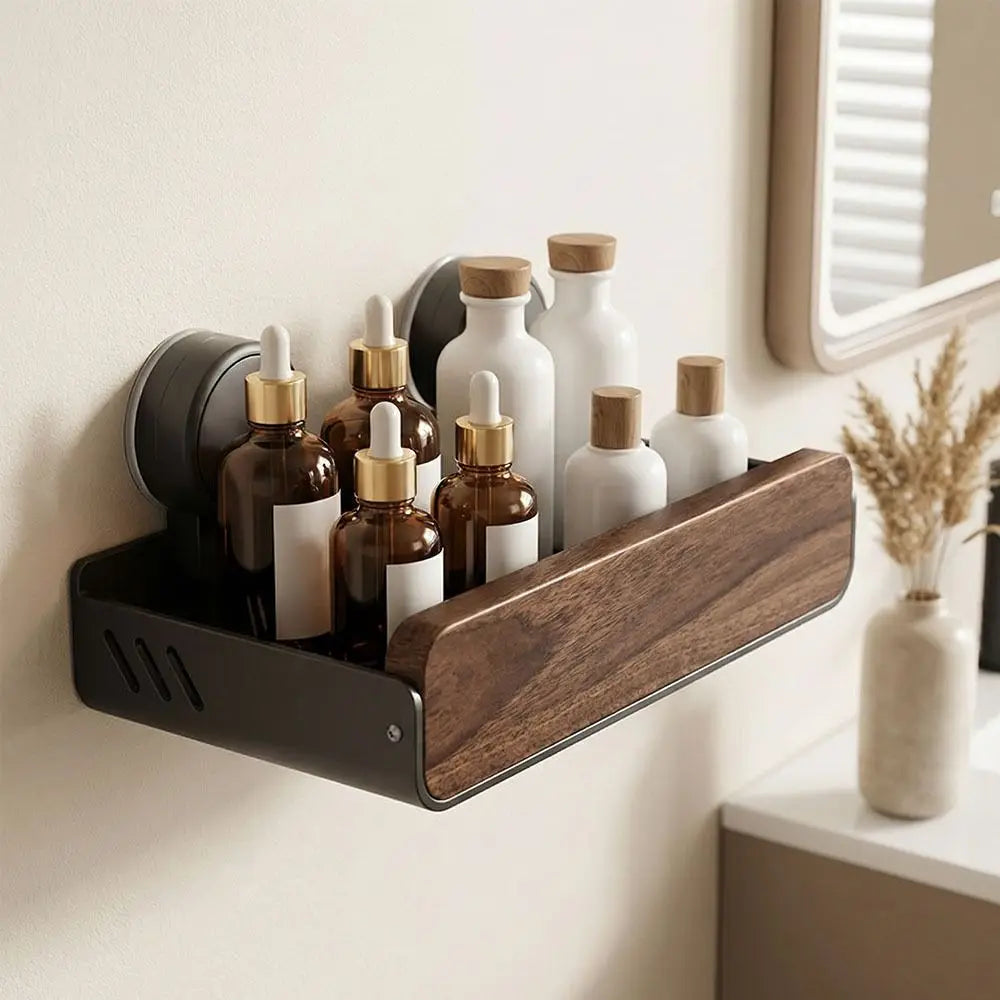 Mid-Century Modern Bathroom Shelf Walnut Finish Space Saving Bathroom Storage Rack Suction Cup Strong Grip Vue