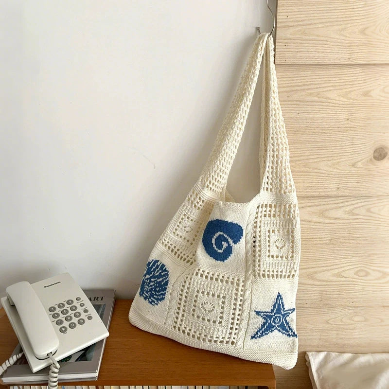 Women Stylish Turtle Cherry Pattern Crochet Tote Bag Large Capacity Vue b-shell