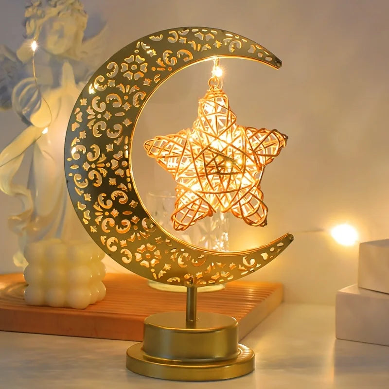 Muslim Festival LED Star Moon Lamp - Ramadan Hollow Iron Design, Battery Operated (Battery Not Included) for Table Desk Outdoor Vue