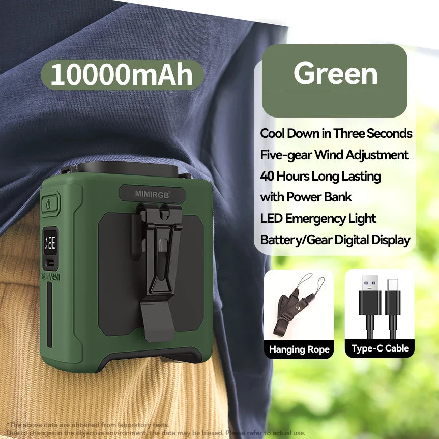 USB Rechargeable Fan Small Outdoor Camping Waist Fan with Power Bank LED Light for Emergency Sports Outdoor Working Vue Green-10000mAh
